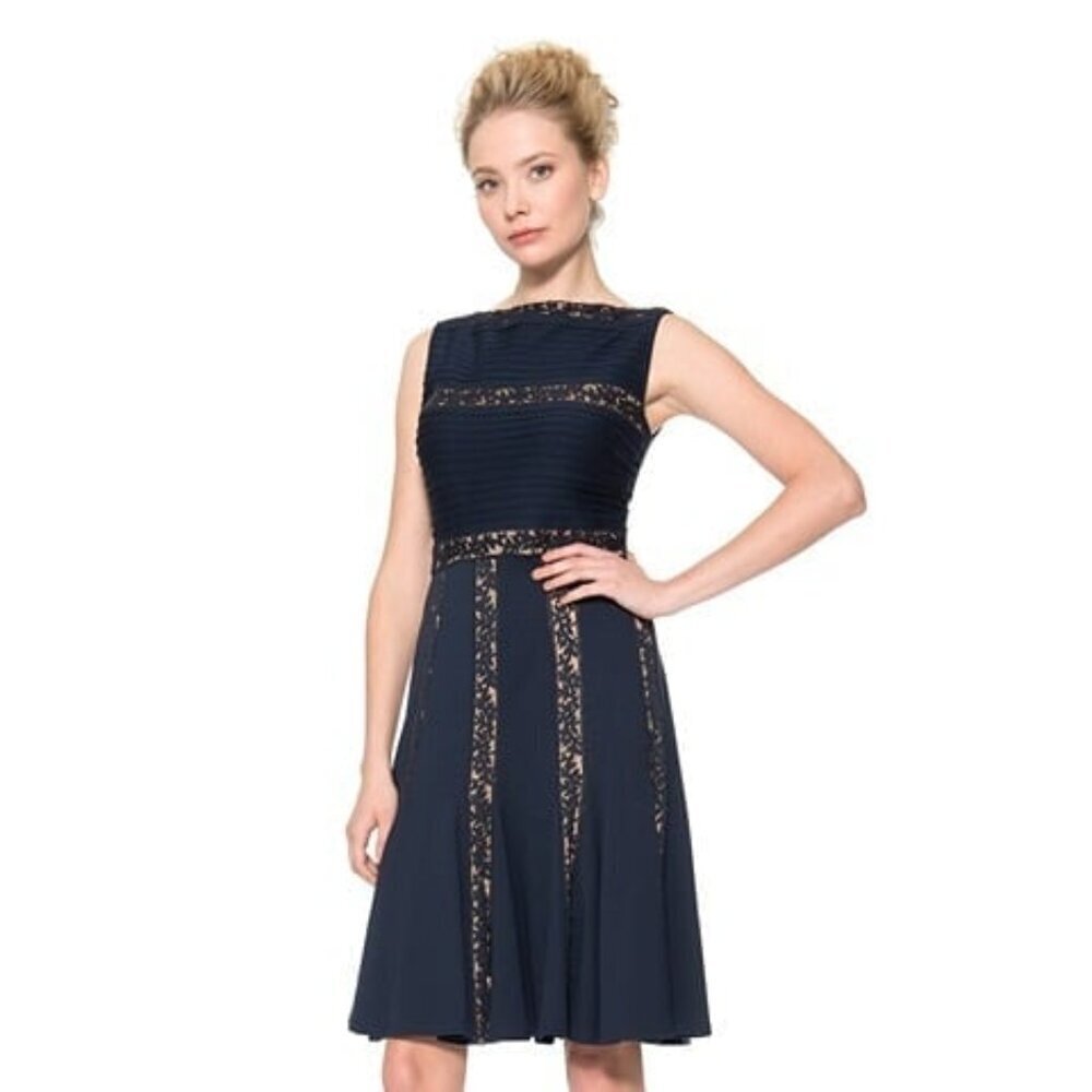 Tadashi Shoji Dress Women XS Navy Blue Lace Pintuck Fit and Flare